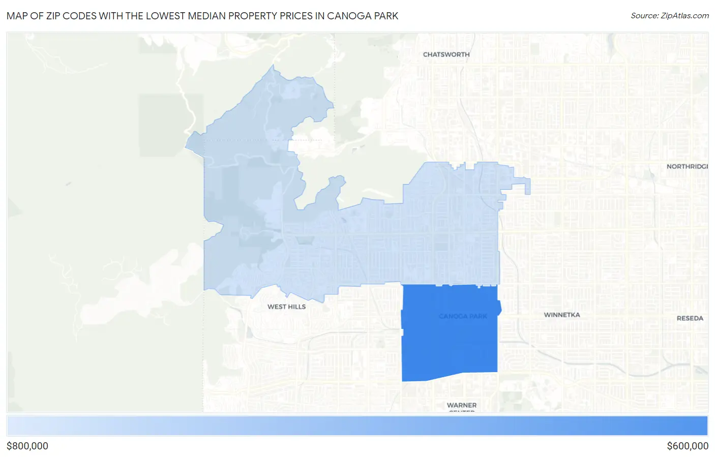 Zip Codes with the Lowest Median Property Prices in Canoga Park Map