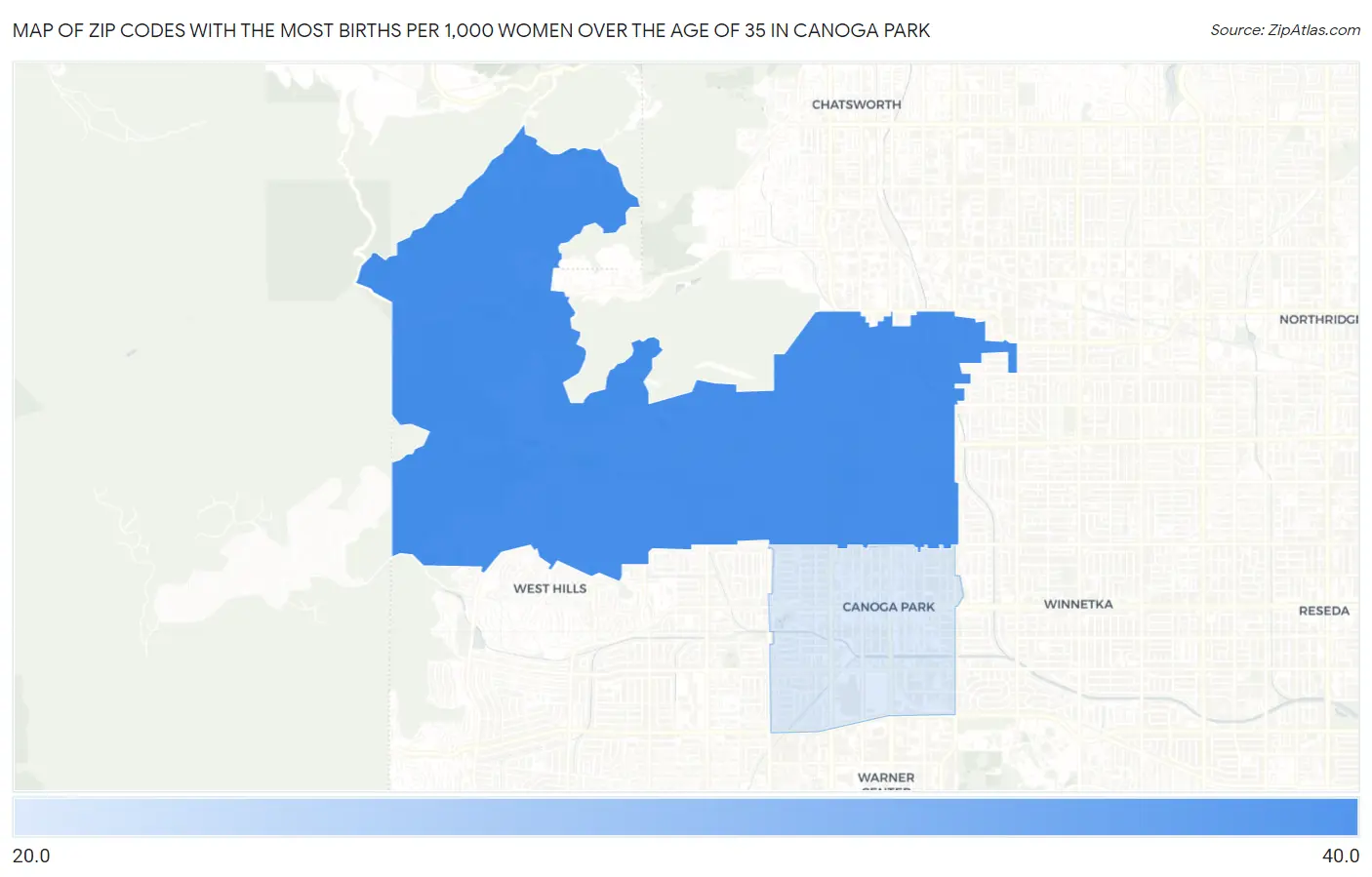 Zip Codes with the Most Births per 1,000 Women Over the Age of 35 in Canoga Park Map