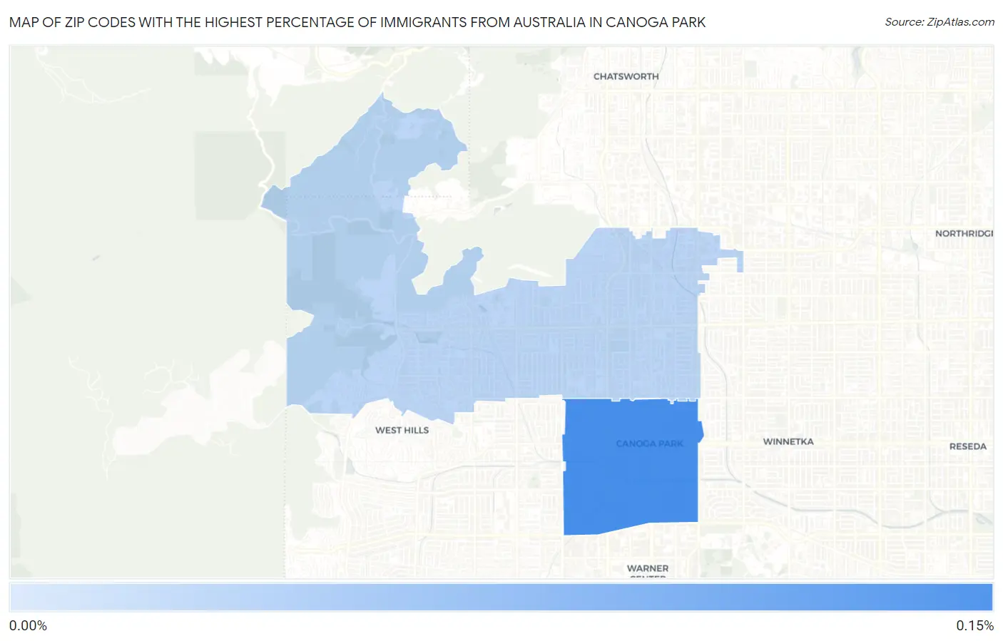 Zip Codes with the Highest Percentage of Immigrants from Australia in Canoga Park Map