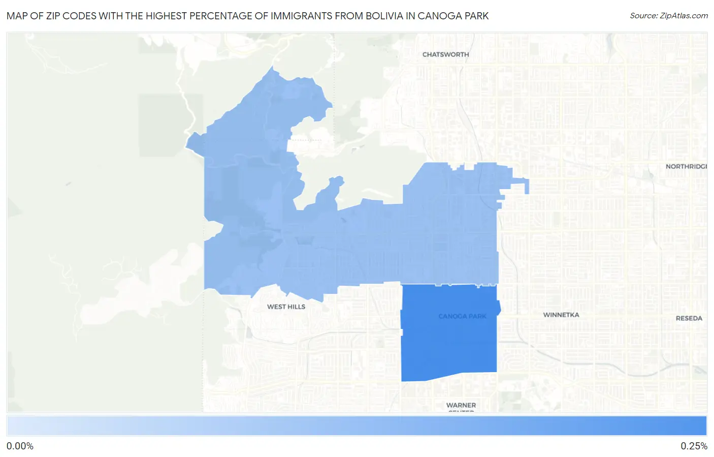Zip Codes with the Highest Percentage of Immigrants from Bolivia in Canoga Park Map
