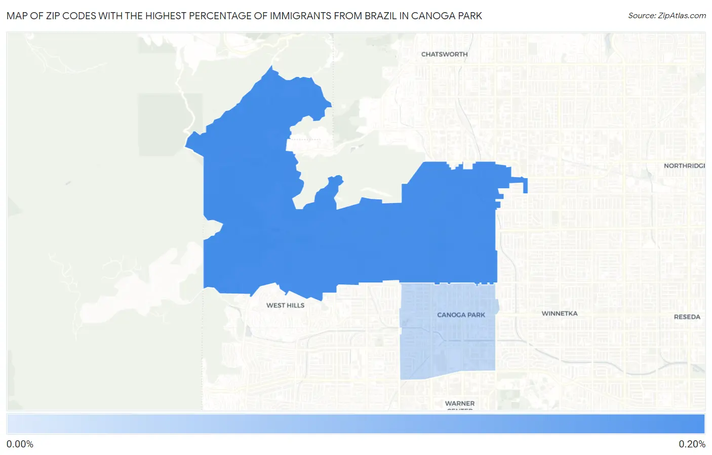 Zip Codes with the Highest Percentage of Immigrants from Brazil in Canoga Park Map