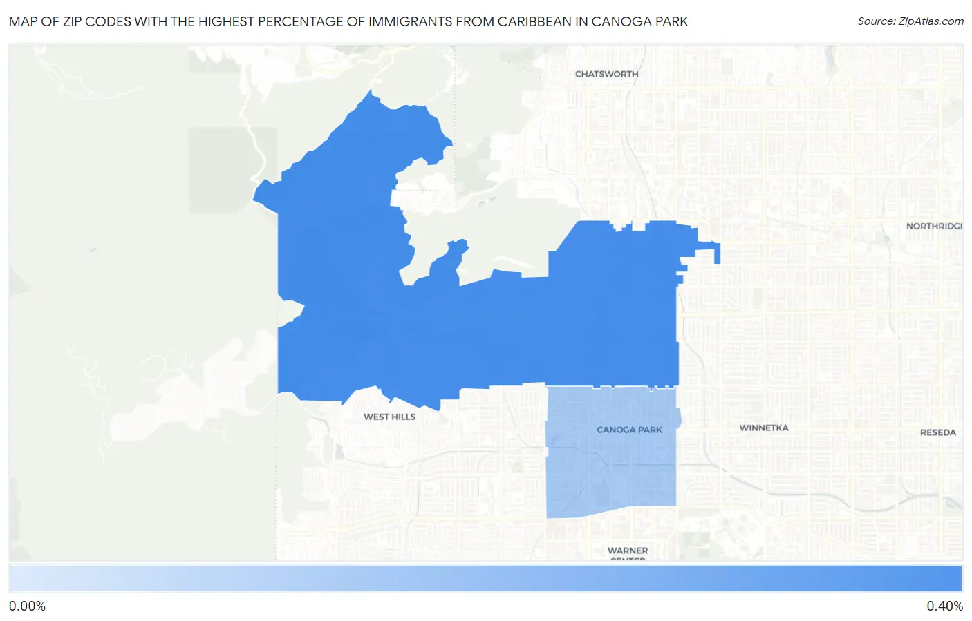 Zip Codes with the Highest Percentage of Immigrants from Caribbean in Canoga Park Map