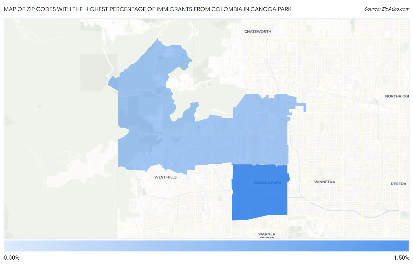 Zip Codes with the Highest Percentage of Immigrants from Colombia in Canoga Park Map
