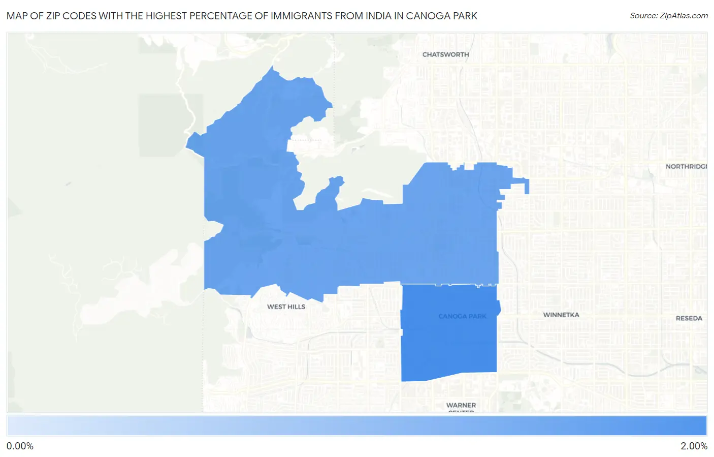 Zip Codes with the Highest Percentage of Immigrants from India in Canoga Park Map