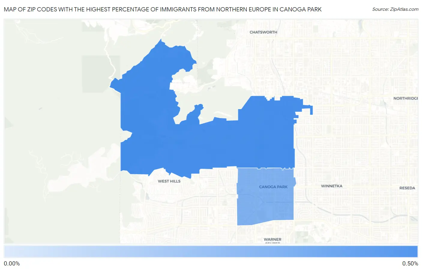 Zip Codes with the Highest Percentage of Immigrants from Northern Europe in Canoga Park Map
