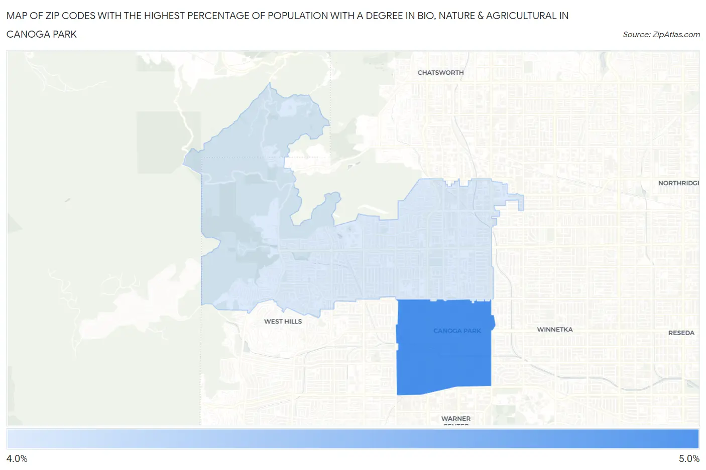 Zip Codes with the Highest Percentage of Population with a Degree in Bio, Nature & Agricultural in Canoga Park Map