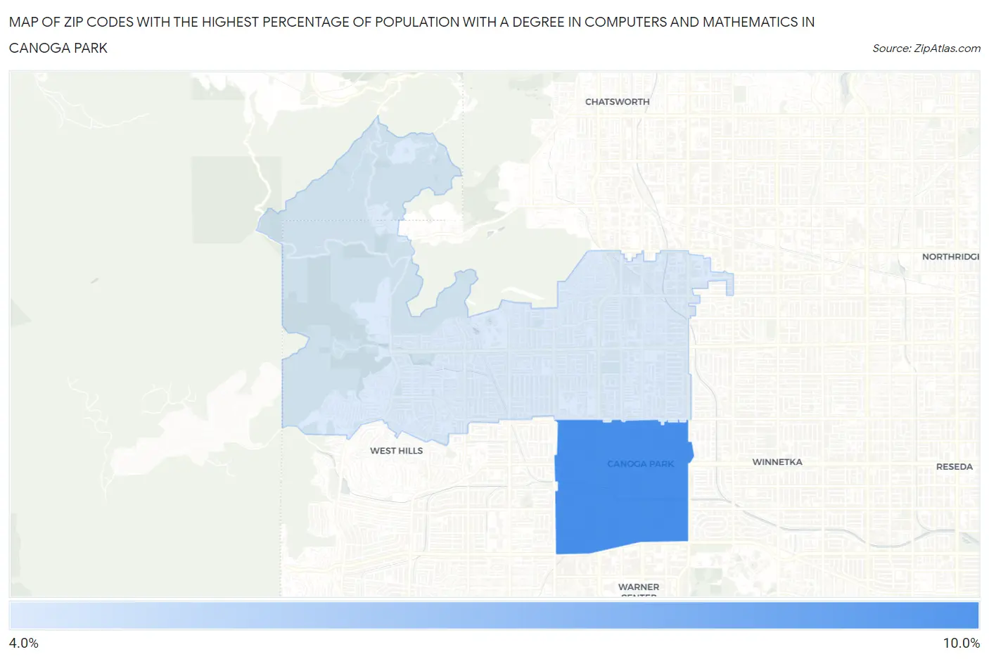 Zip Codes with the Highest Percentage of Population with a Degree in Computers and Mathematics in Canoga Park Map
