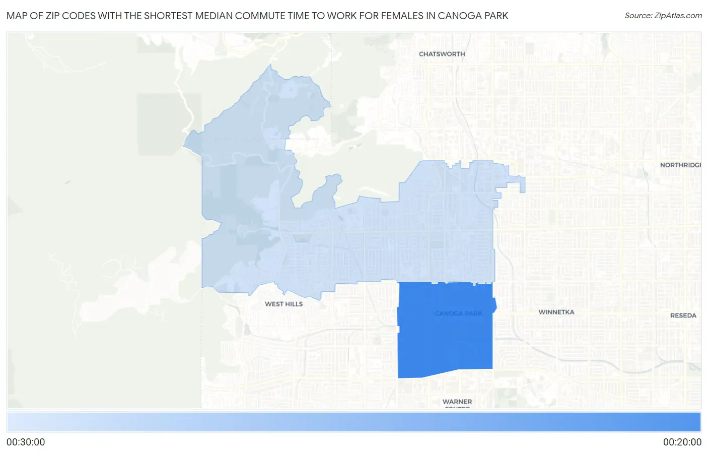 Zip Codes with the Shortest Median Commute Time to Work for Females in Canoga Park Map