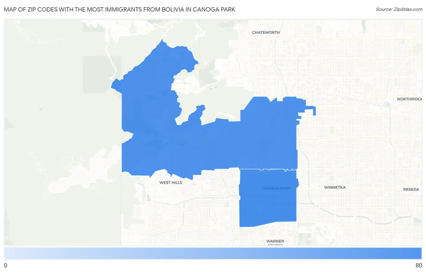 Zip Codes with the Most Immigrants from Bolivia in Canoga Park Map