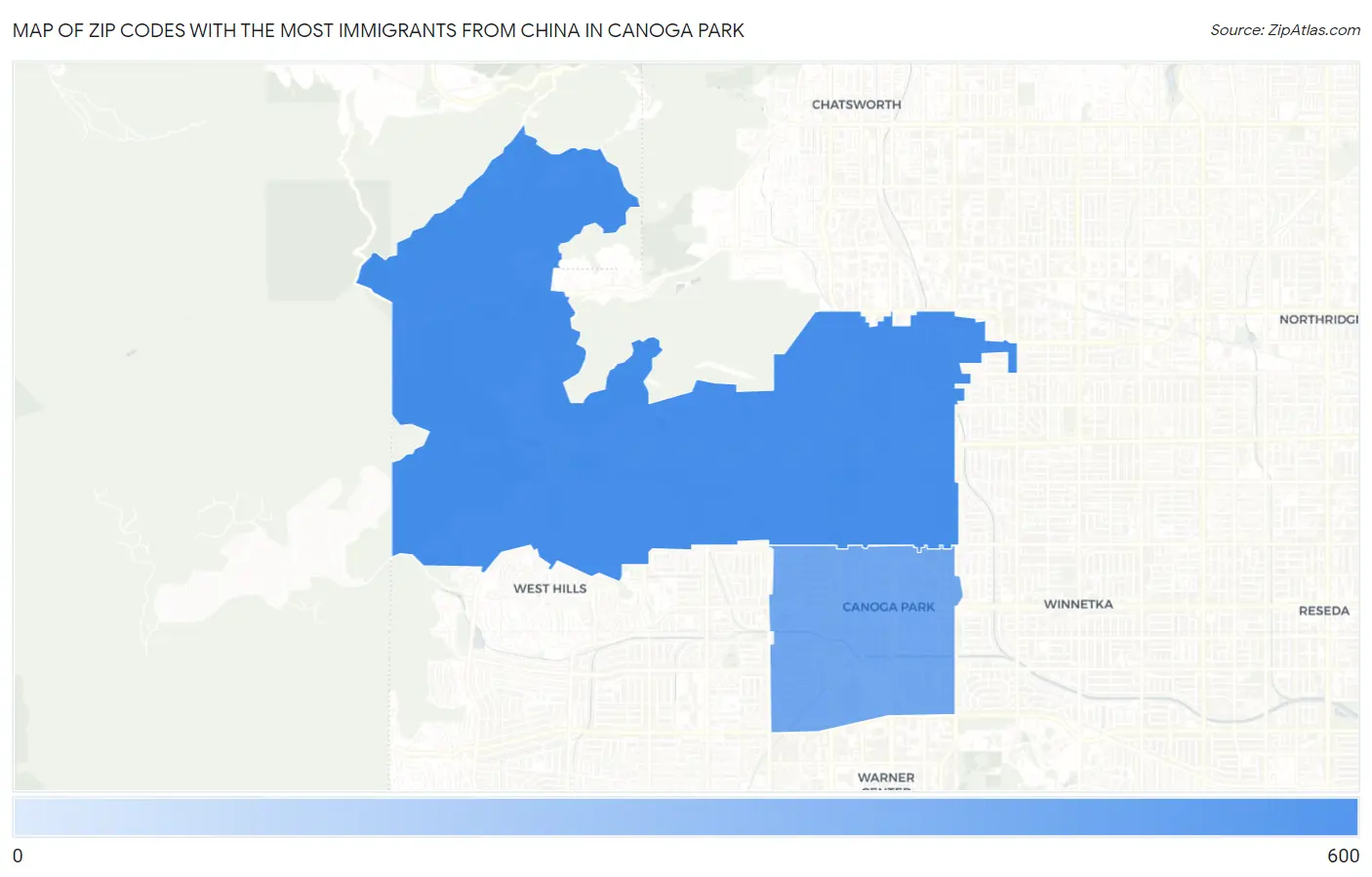 Zip Codes with the Most Immigrants from China in Canoga Park Map