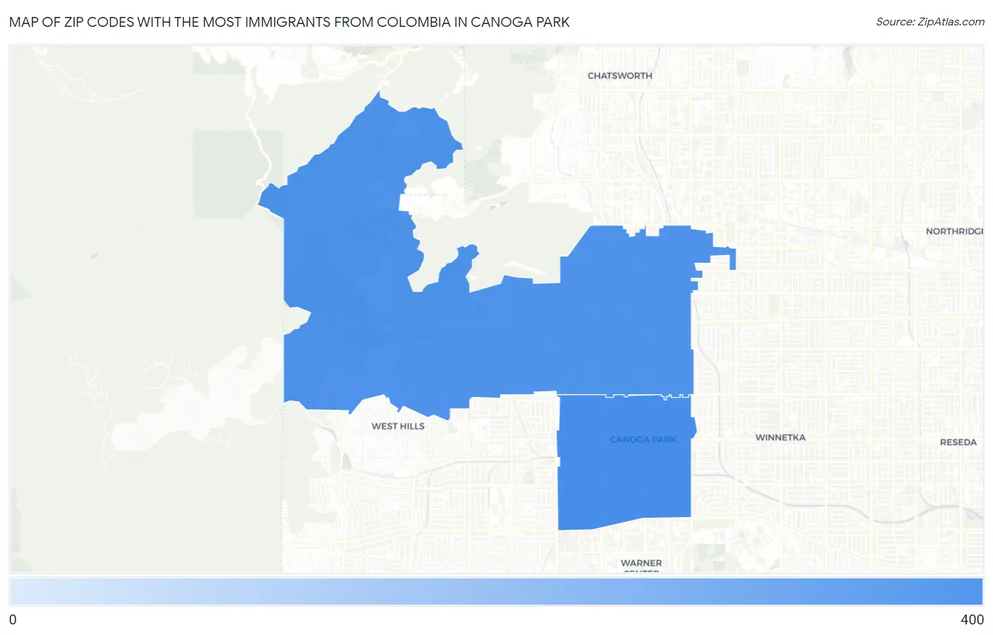 Zip Codes with the Most Immigrants from Colombia in Canoga Park Map