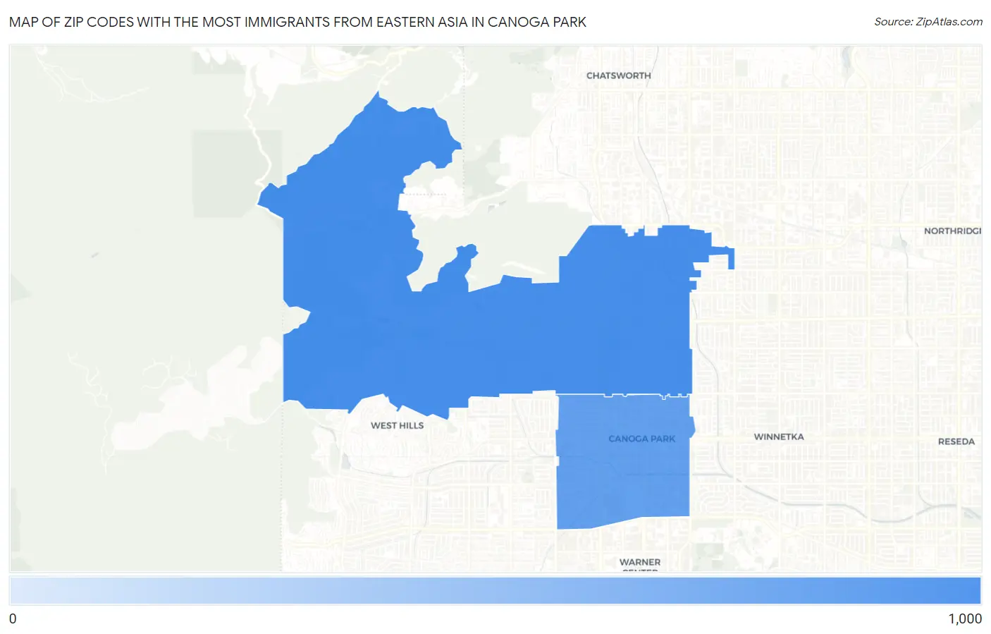 Zip Codes with the Most Immigrants from Eastern Asia in Canoga Park Map