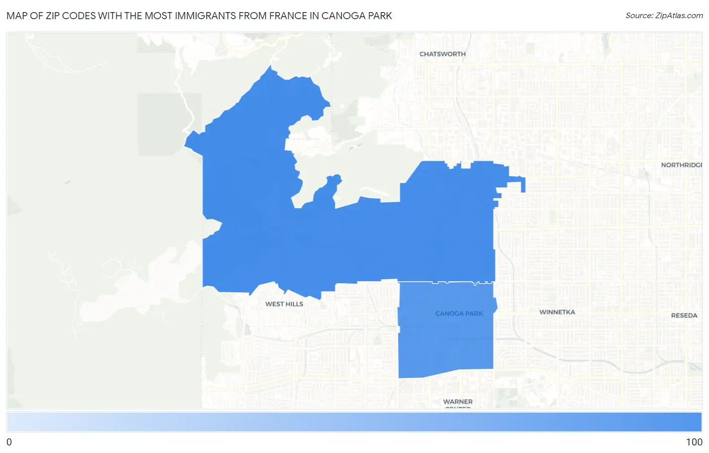 Zip Codes with the Most Immigrants from France in Canoga Park Map