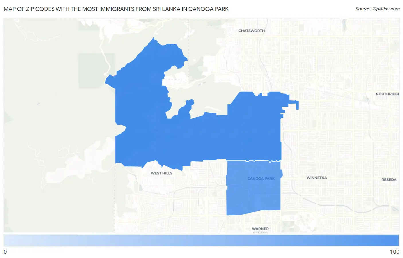Zip Codes with the Most Immigrants from Sri Lanka in Canoga Park Map