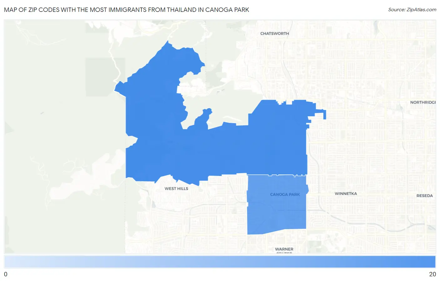 Zip Codes with the Most Immigrants from Thailand in Canoga Park Map