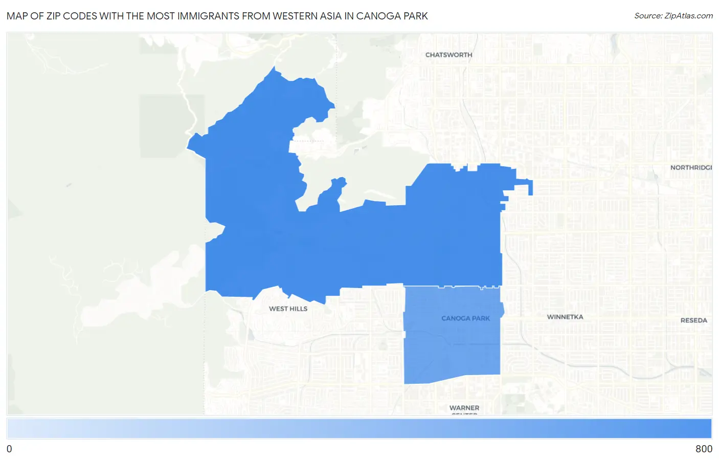 Zip Codes with the Most Immigrants from Western Asia in Canoga Park Map