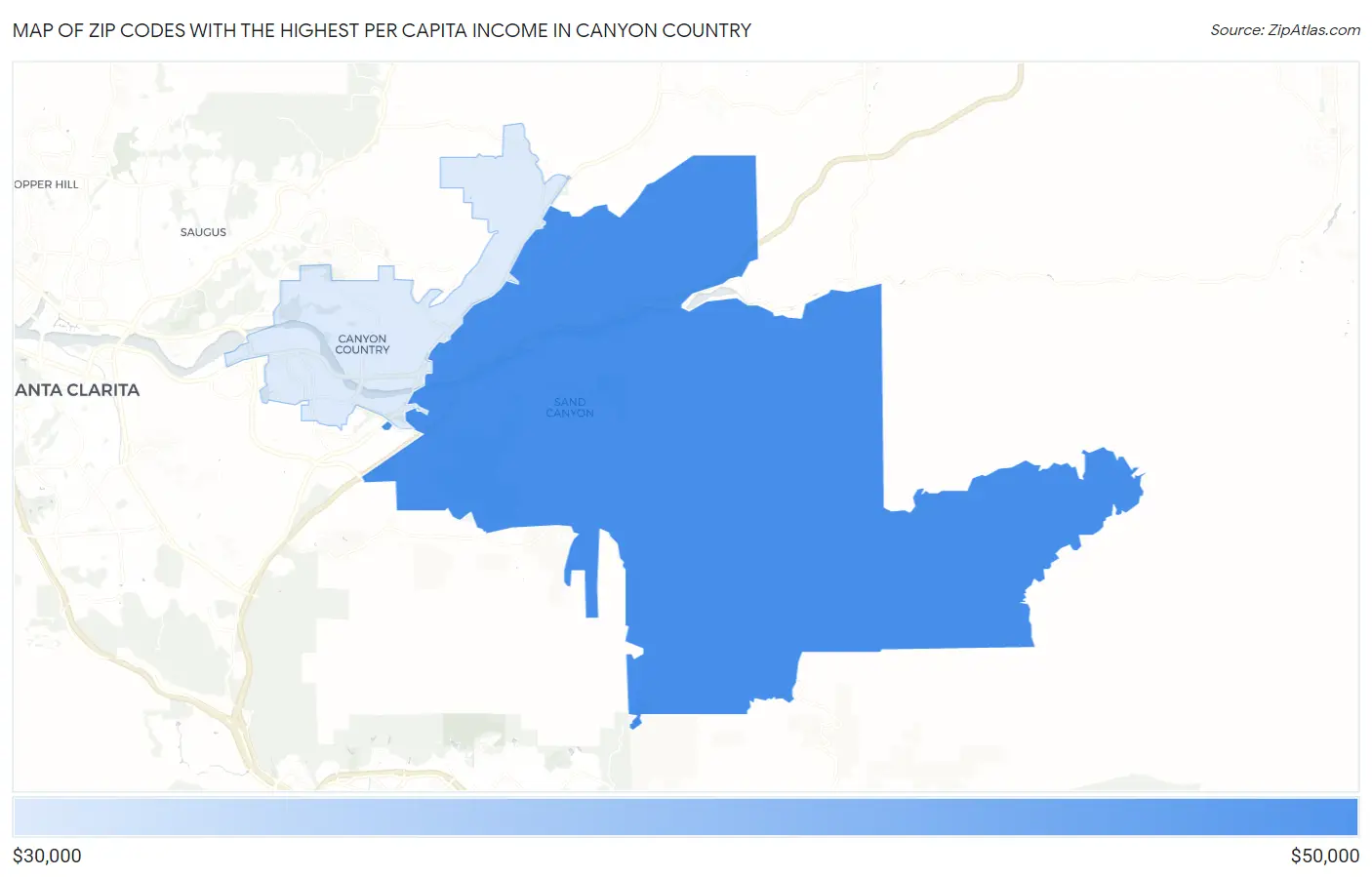 Zip Codes with the Highest Per Capita Income in Canyon Country Map