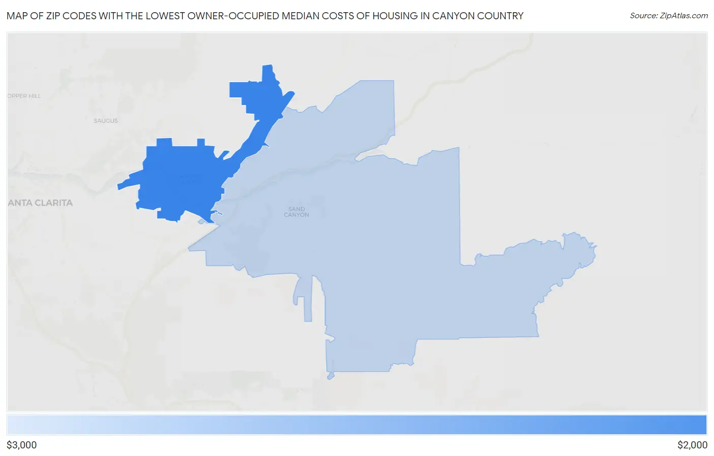 Zip Codes with the Lowest Owner-Occupied Median Costs of Housing in Canyon Country Map