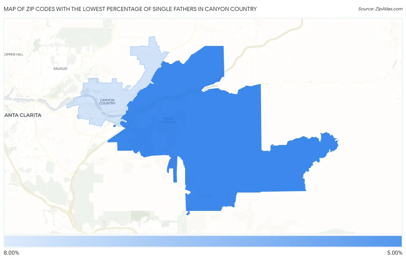 Zip Codes with the Lowest Percentage of Single Fathers in Canyon Country Map