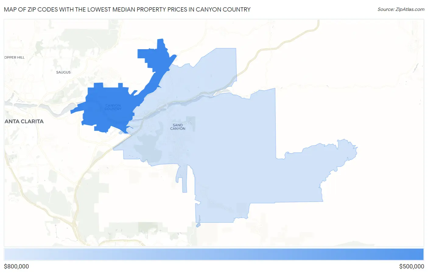 Zip Codes with the Lowest Median Property Prices in Canyon Country Map