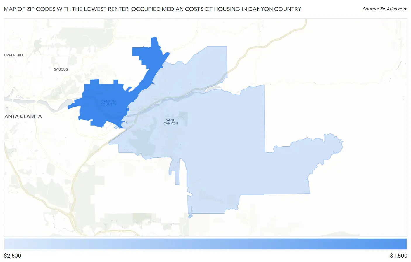 Zip Codes with the Lowest Renter-Occupied Median Costs of Housing in Canyon Country Map