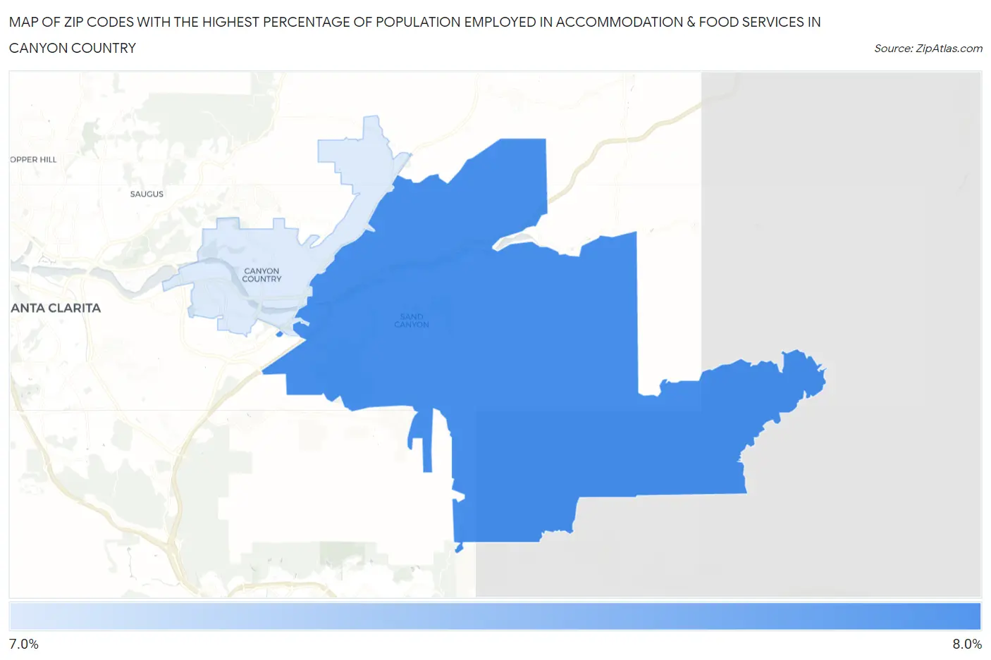 Zip Codes with the Highest Percentage of Population Employed in Accommodation & Food Services in Canyon Country Map