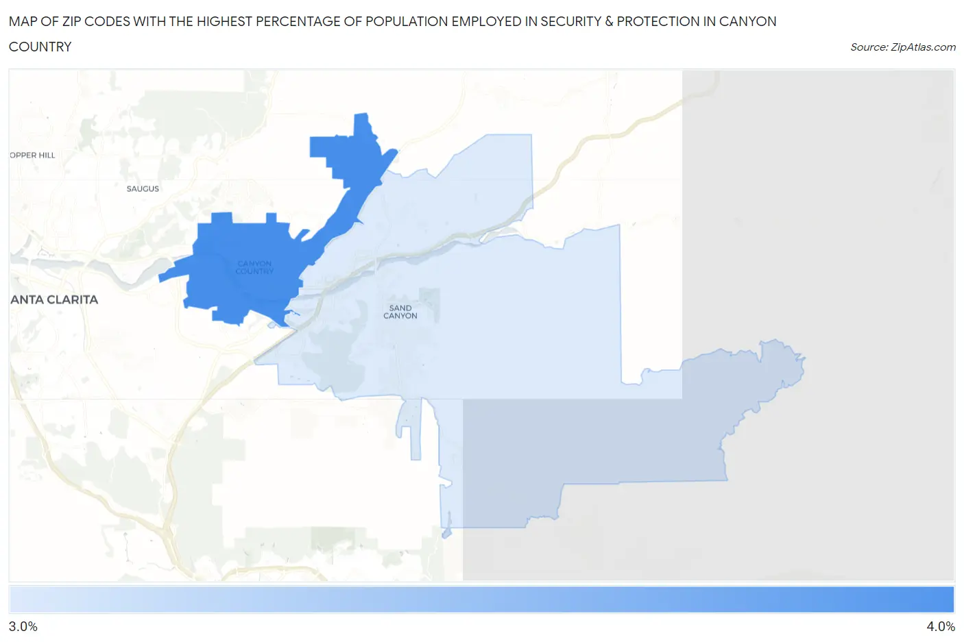 Zip Codes with the Highest Percentage of Population Employed in Security & Protection in Canyon Country Map
