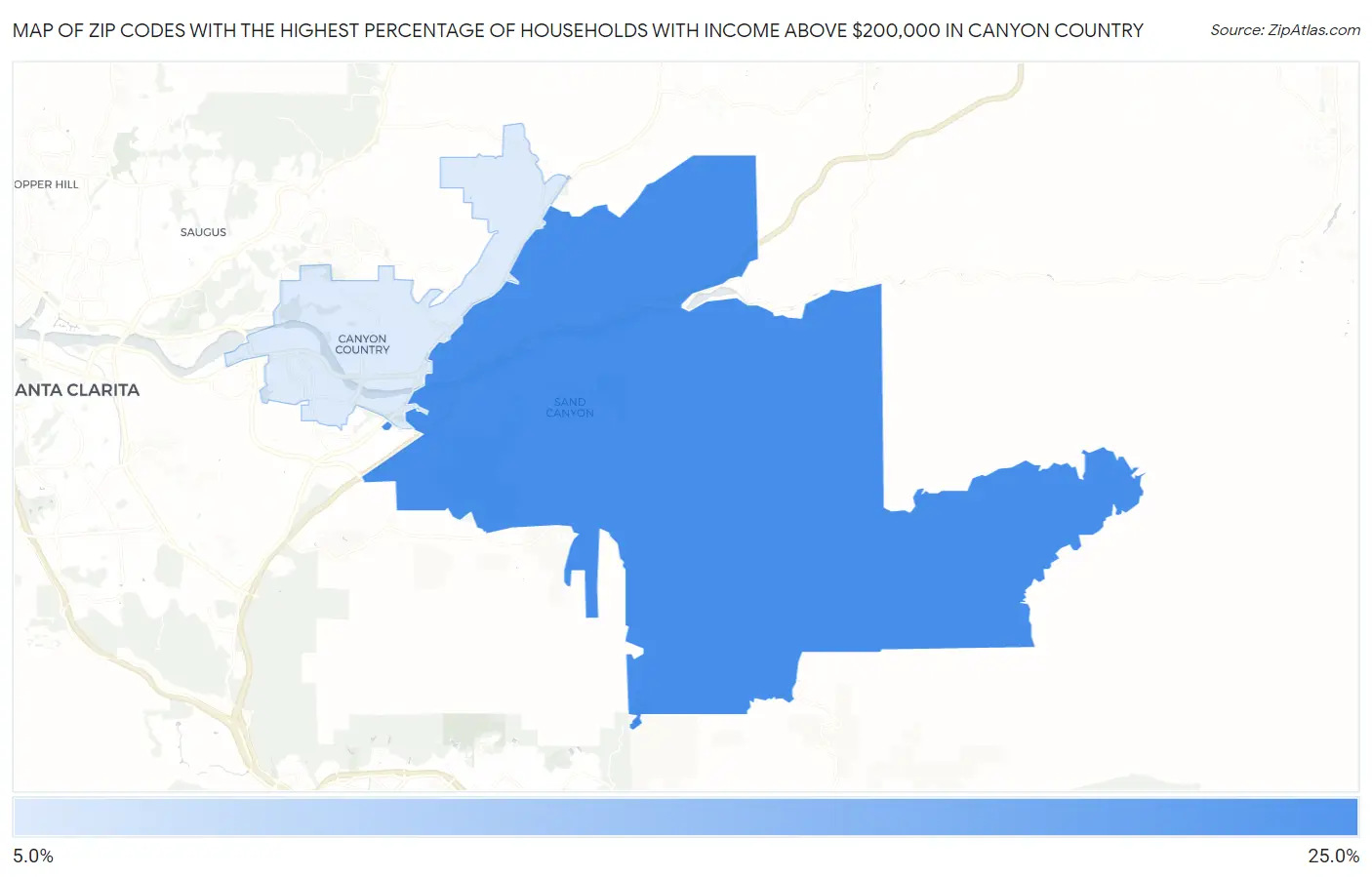 Zip Codes with the Highest Percentage of Households with Income Above $200,000 in Canyon Country Map