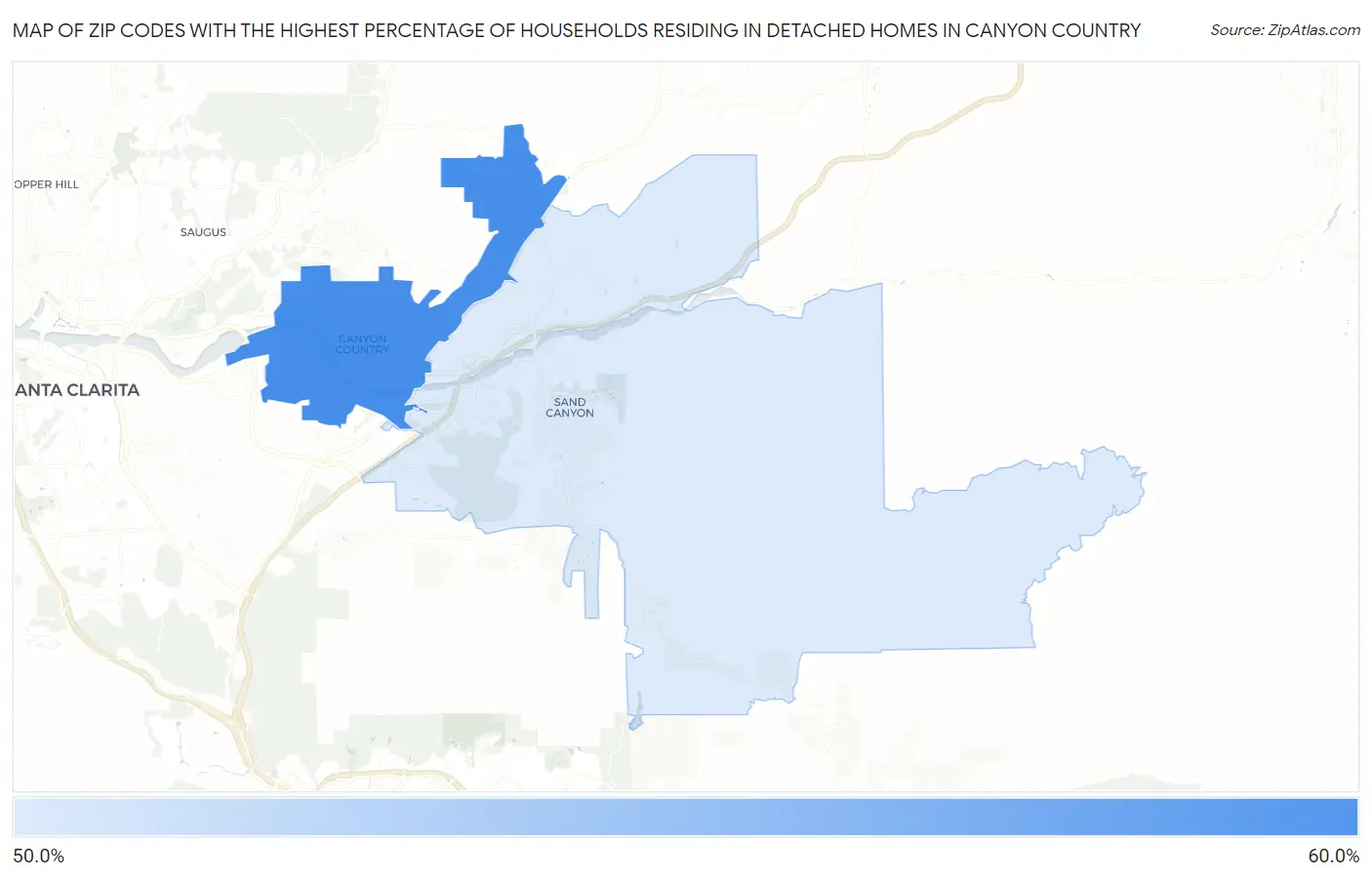 Zip Codes with the Highest Percentage of Households Residing in Detached Homes in Canyon Country Map