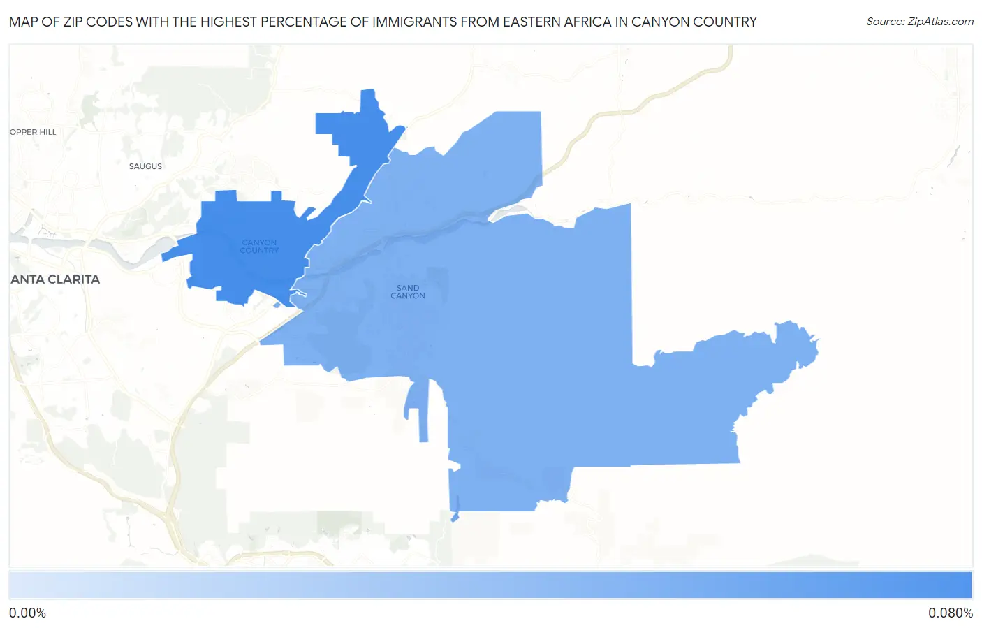 Zip Codes with the Highest Percentage of Immigrants from Eastern Africa in Canyon Country Map