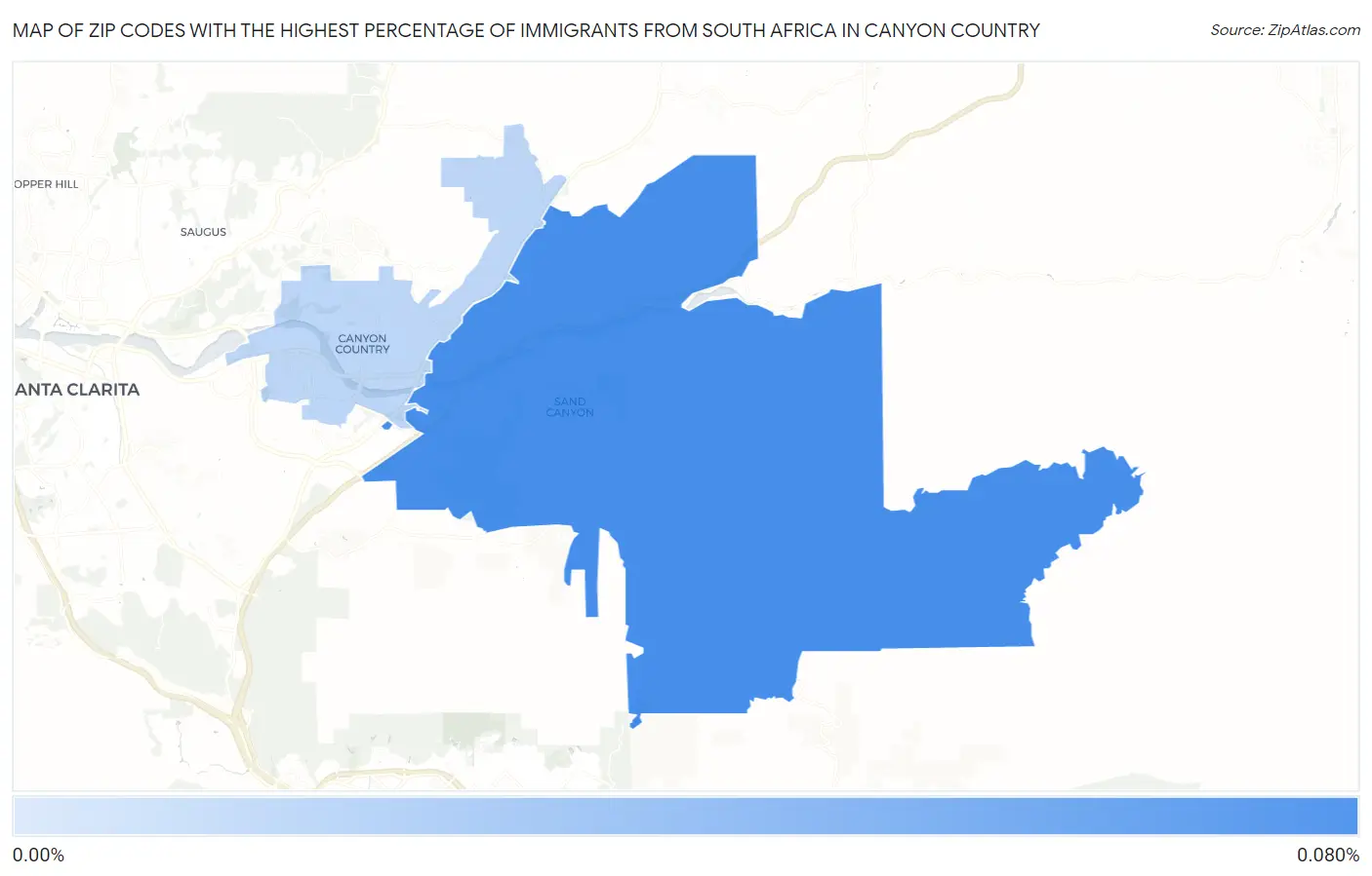 Zip Codes with the Highest Percentage of Immigrants from South Africa in Canyon Country Map