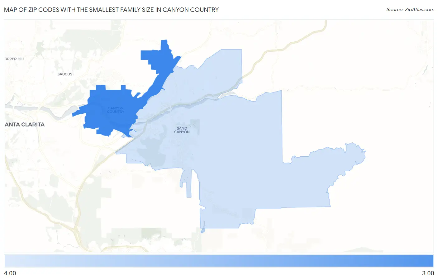 Zip Codes with the Smallest Family Size in Canyon Country Map