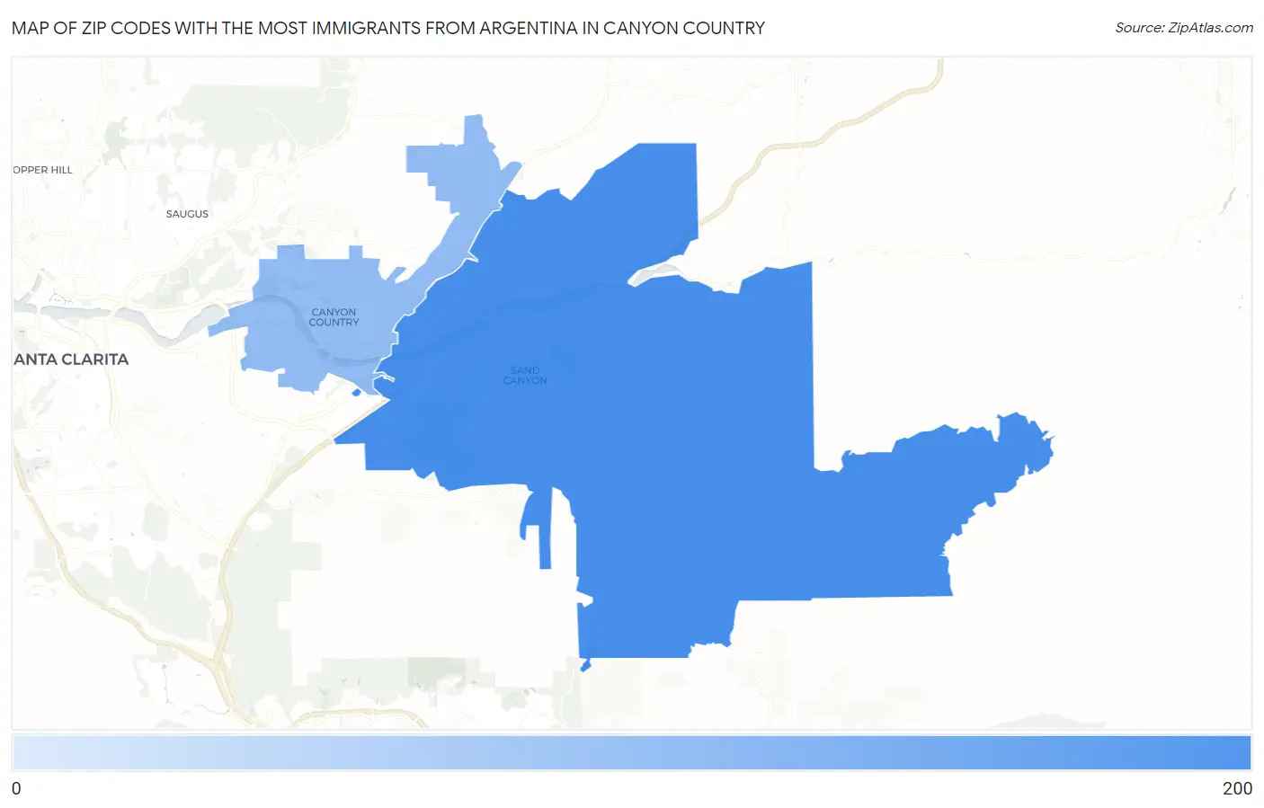 Zip Codes with the Most Immigrants from Argentina in Canyon Country Map