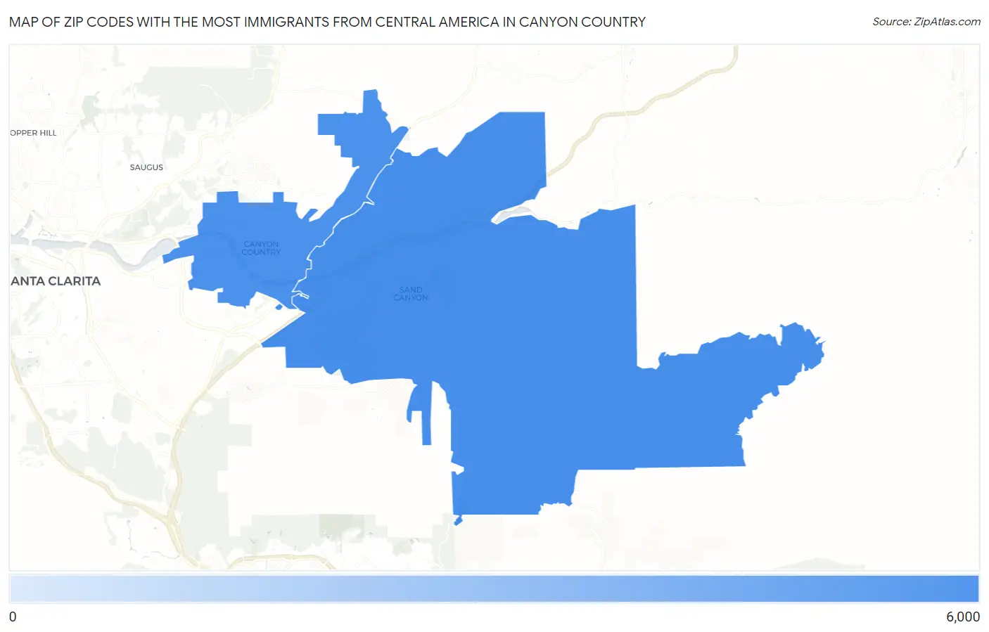 Zip Codes with the Most Immigrants from Central America in Canyon Country Map