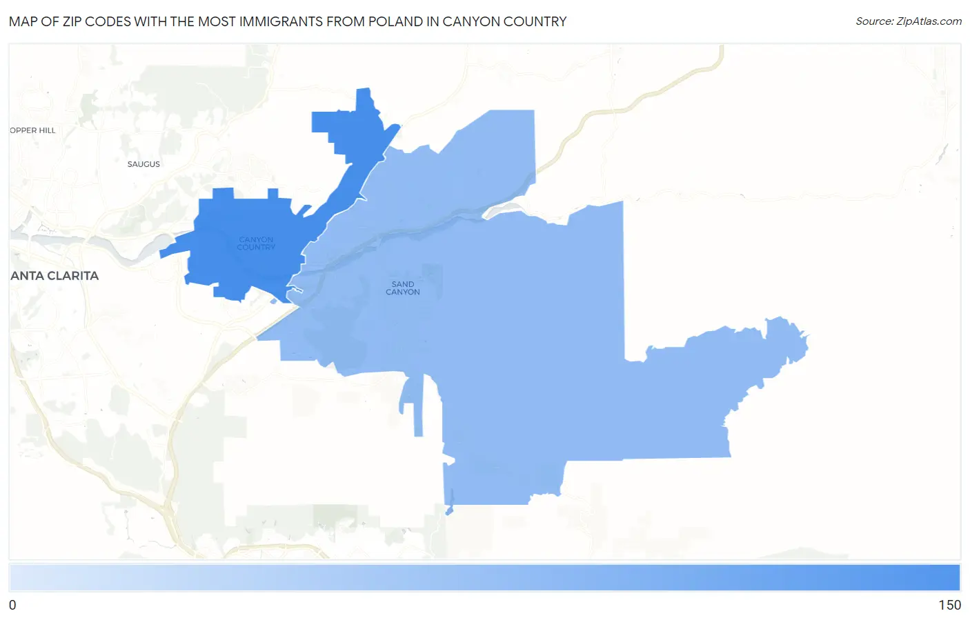 Zip Codes with the Most Immigrants from Poland in Canyon Country Map