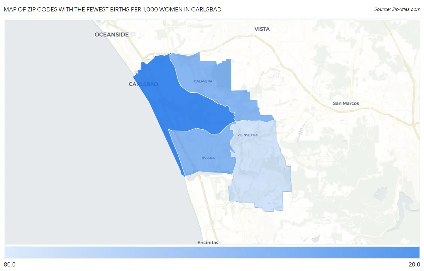 Zip Codes with the Fewest Births per 1,000 Women in Carlsbad Map