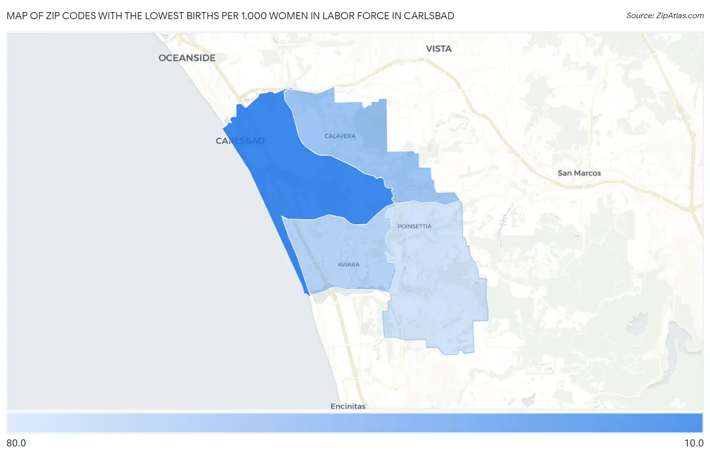 Zip Codes with the Lowest Births per 1,000 Women in Labor Force in Carlsbad Map