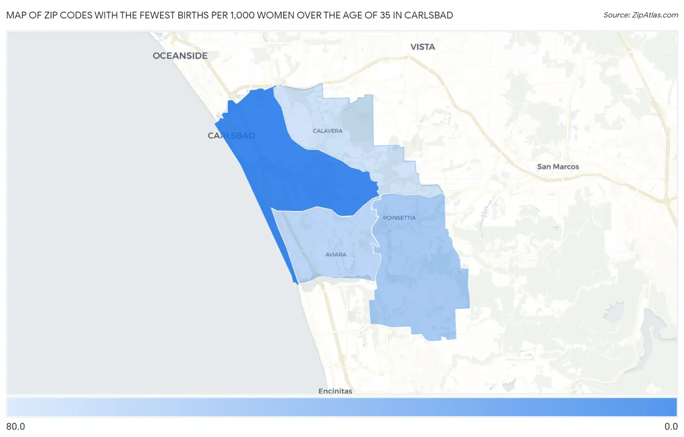 Zip Codes with the Fewest Births per 1,000 Women Over the Age of 35 in Carlsbad Map