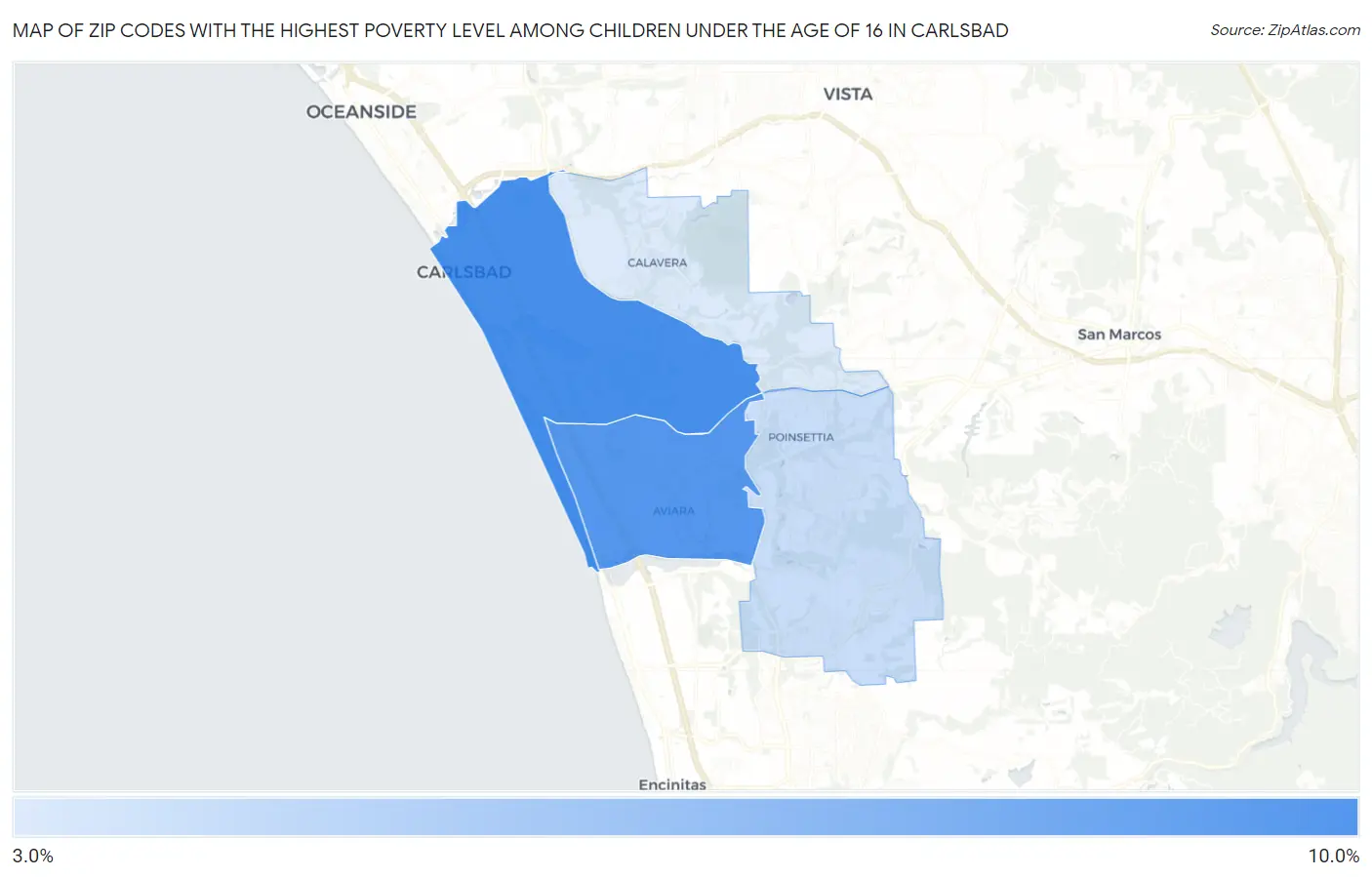 Zip Codes with the Highest Poverty Level Among Children Under the Age of 16 in Carlsbad Map