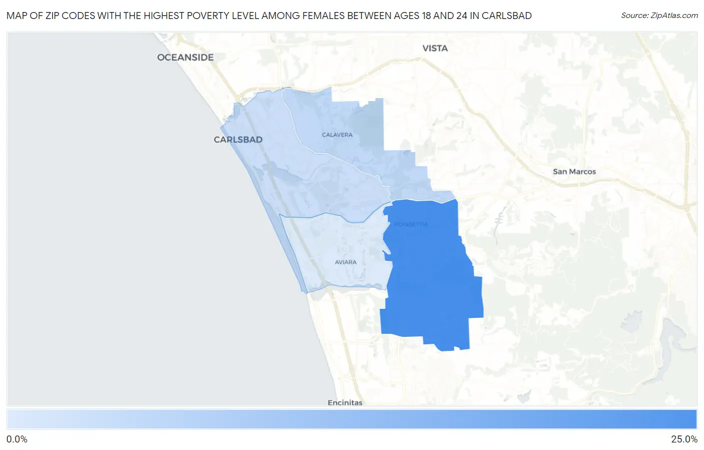 Zip Codes with the Highest Poverty Level Among Females Between Ages 18 and 24 in Carlsbad Map