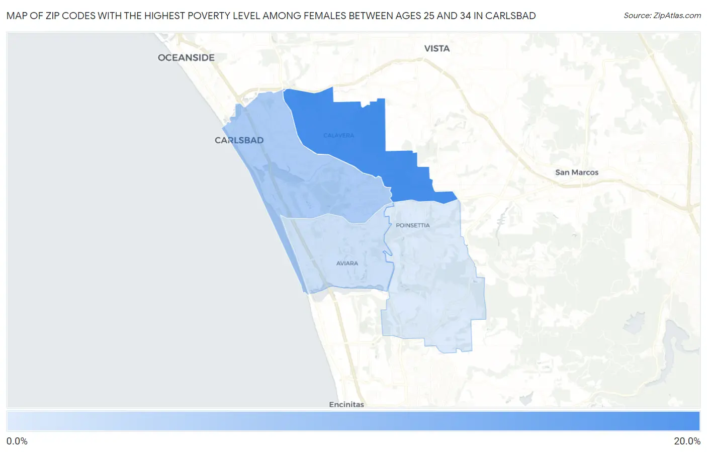 Zip Codes with the Highest Poverty Level Among Females Between Ages 25 and 34 in Carlsbad Map