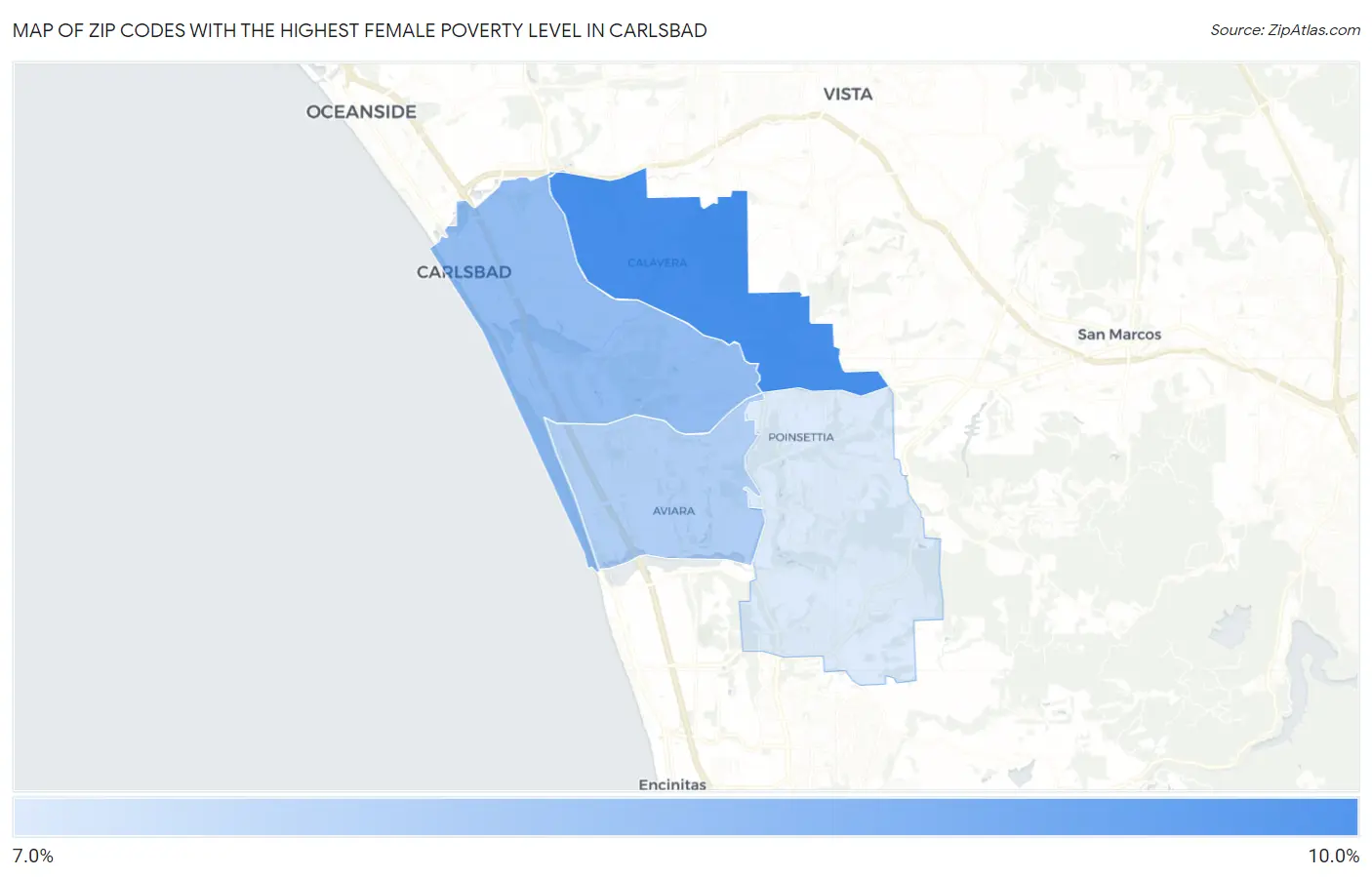 Zip Codes with the Highest Female Poverty Level in Carlsbad Map