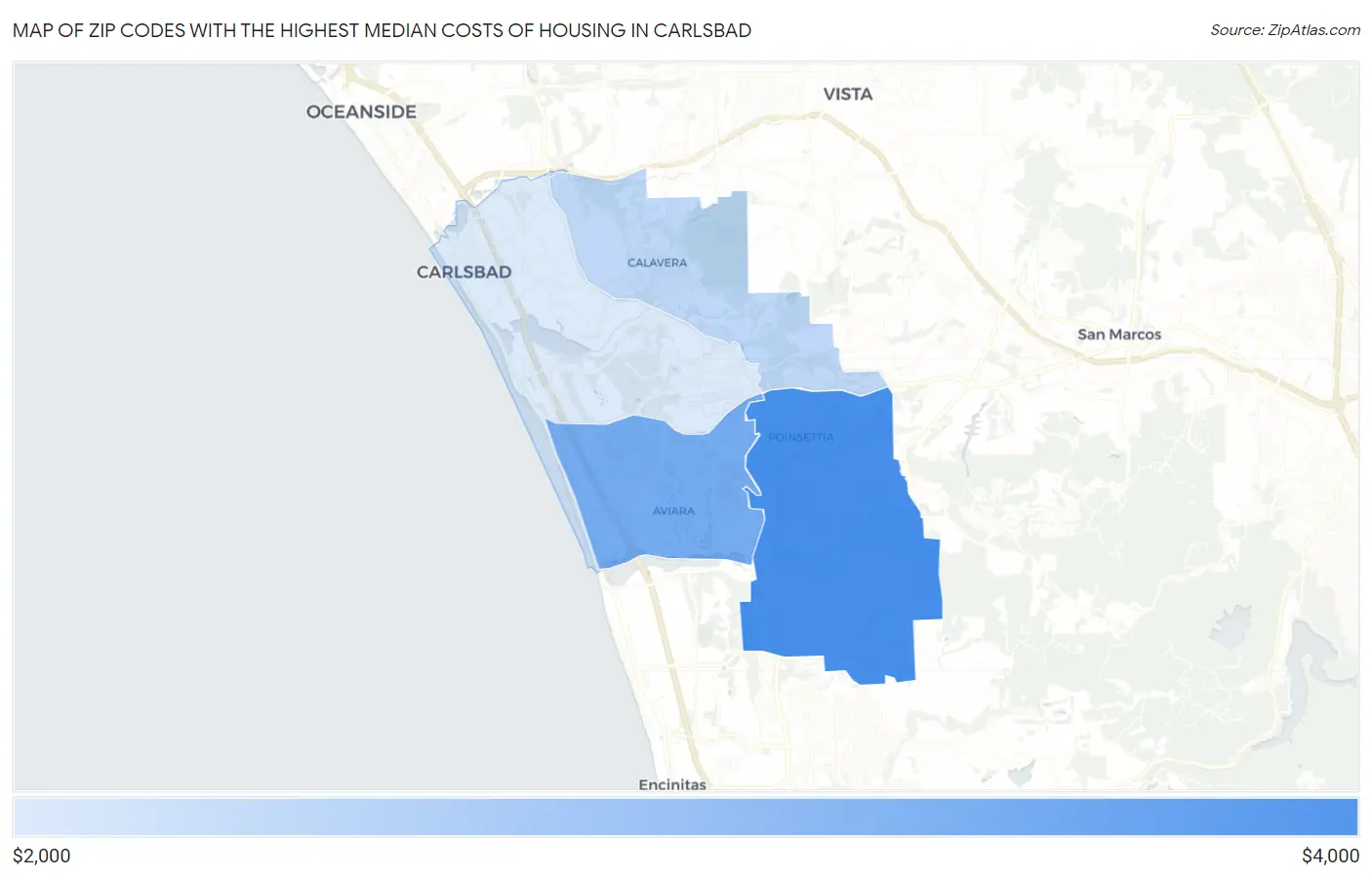 Zip Codes with the Highest Median Costs of Housing in Carlsbad Map