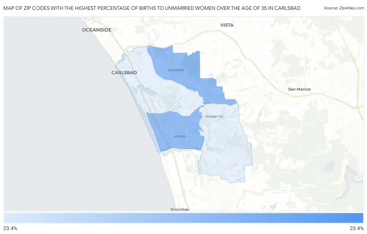 Zip Codes with the Highest Percentage of Births to Unmarried Women over the Age of 35 in Carlsbad Map