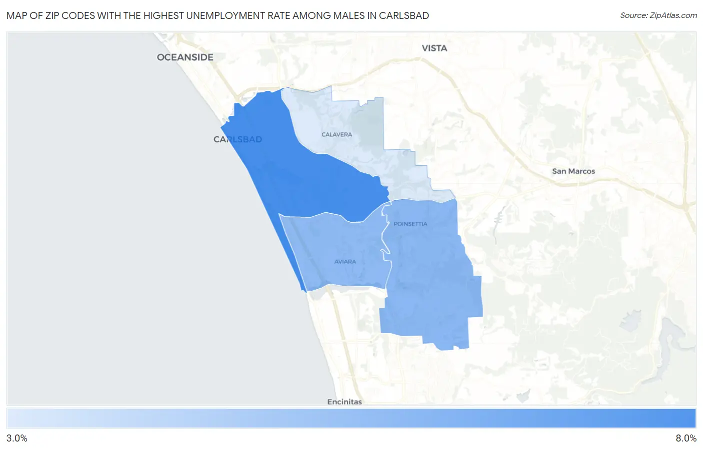 Zip Codes with the Highest Unemployment Rate Among Males in Carlsbad Map