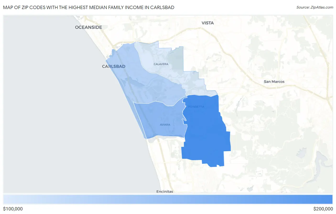 Zip Codes with the Highest Median Family Income in Carlsbad Map