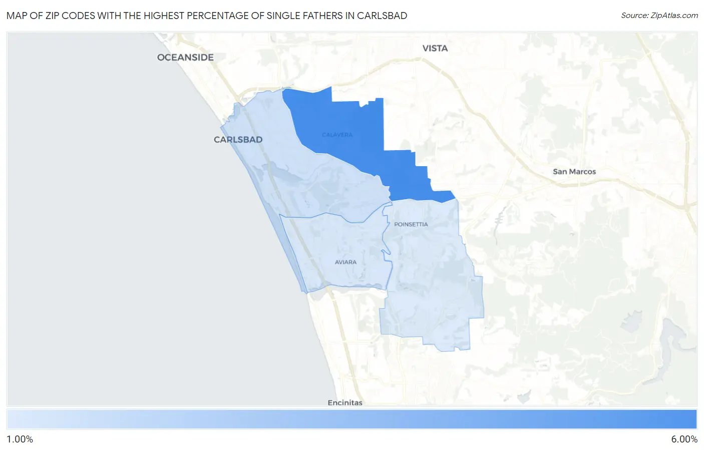 Zip Codes with the Highest Percentage of Single Fathers in Carlsbad Map