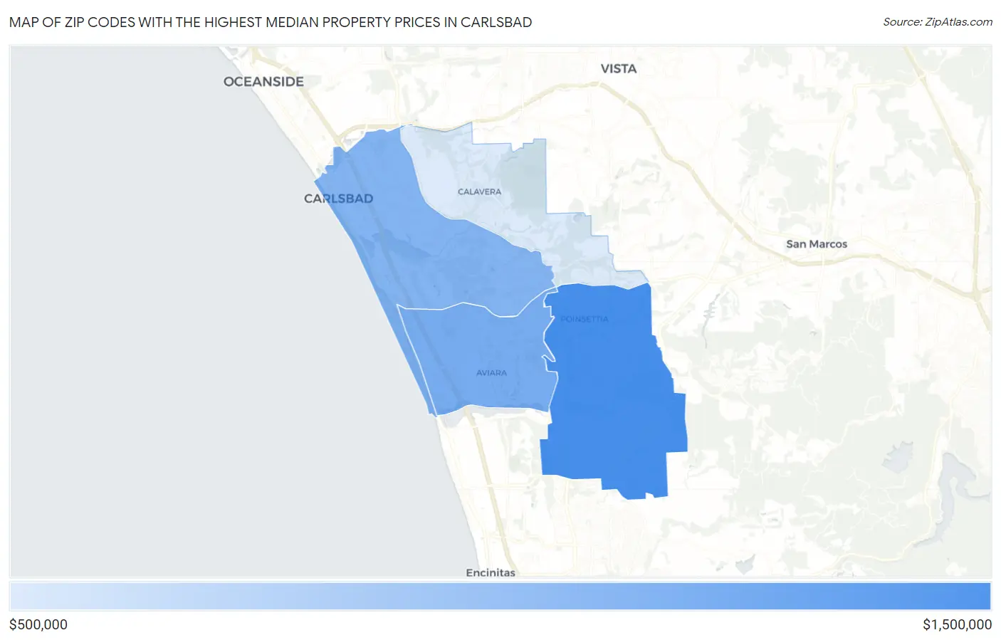 Zip Codes with the Highest Median Property Prices in Carlsbad Map