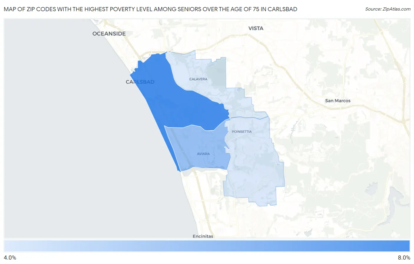 Zip Codes with the Highest Poverty Level Among Seniors Over the Age of 75 in Carlsbad Map