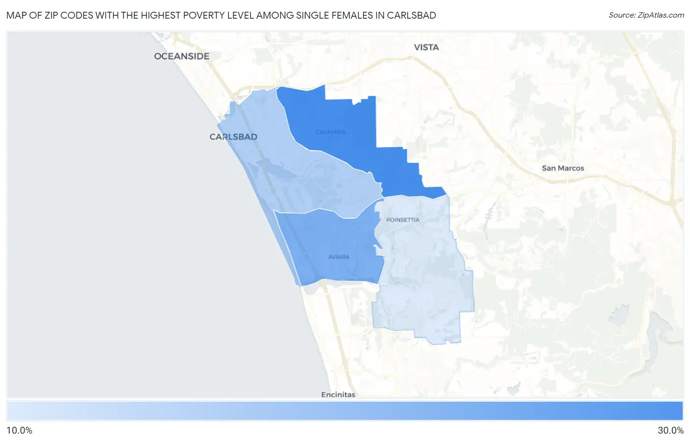 Zip Codes with the Highest Poverty Level Among Single Females in Carlsbad Map